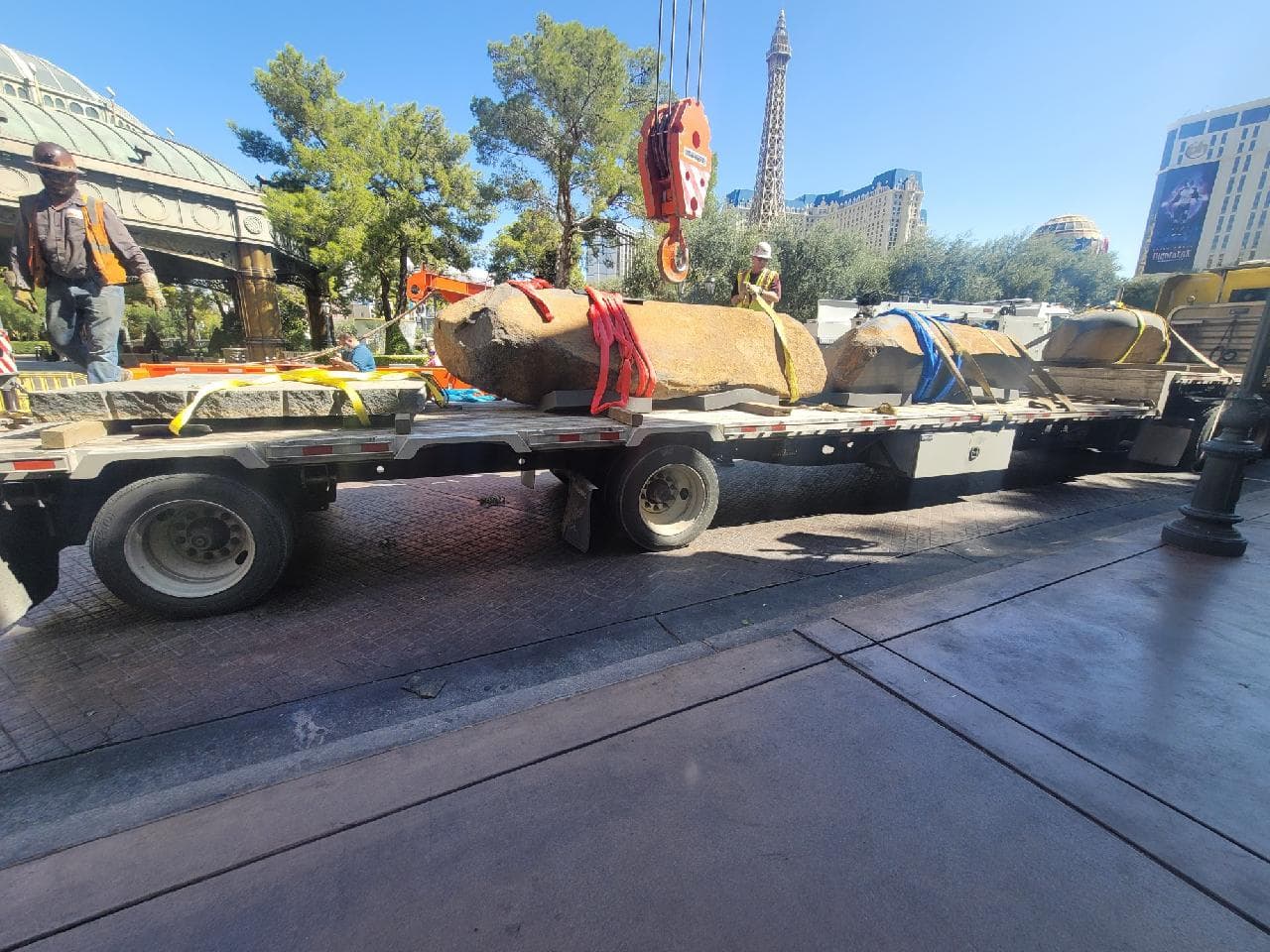 Step deck trailer in Las Vegas at night